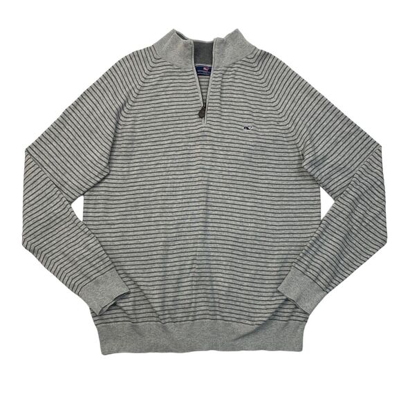 Vineyard Vines Sweater Mens L Large Grey Cotton Striped 1/4 Zip Pullover Mock - Picture 1 of 10